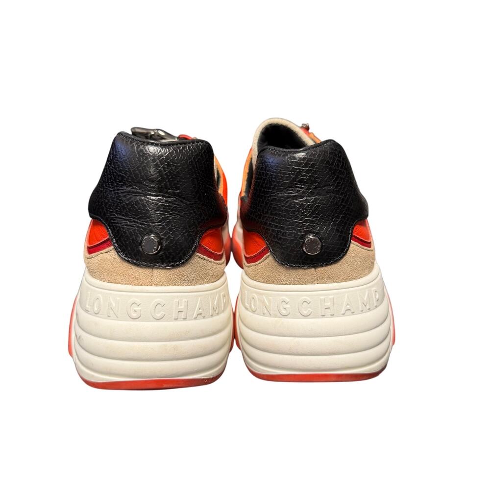 Longchamp Orange Red Tan Leather & Suede Sneakers - Picture 5 of 11